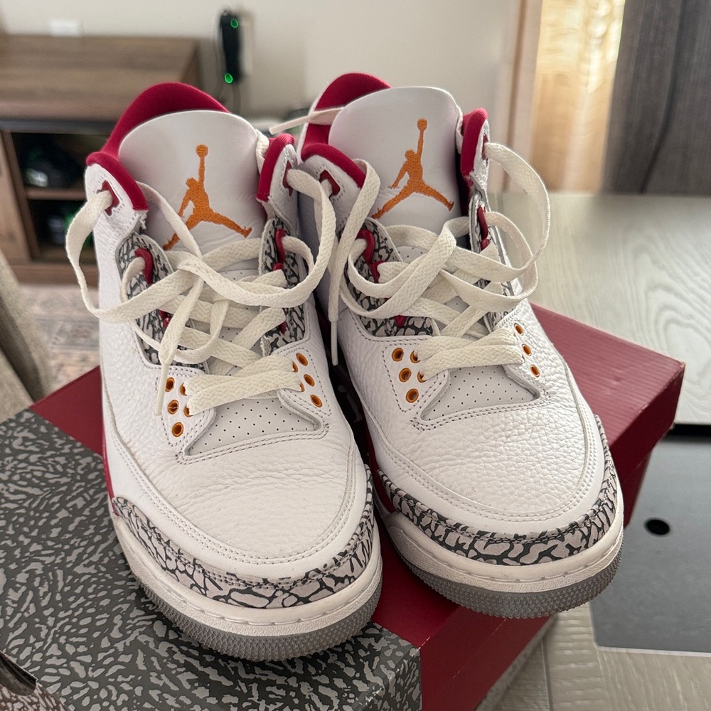 Jordan 3 Retro Sneakers in White, Red & Orange Accents